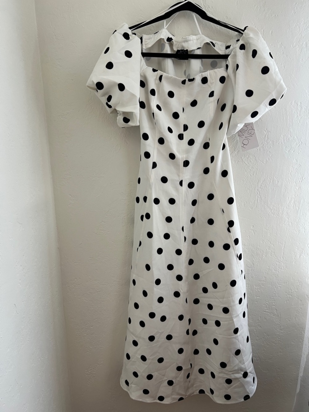 NWT Milk & Honey Polka Dot Puff Sleeve Midi Dress - White/Black